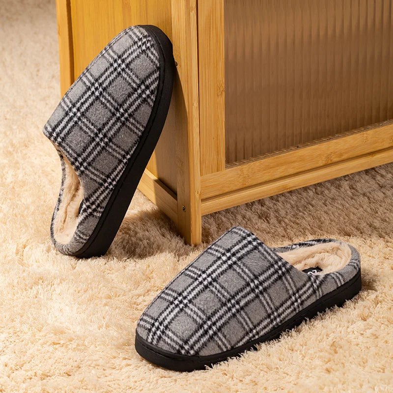 SaneShoppe - New Men's Striped Warm House Fleece Cozy Non - slip Plaid Cotton Mops Couples Slippers Winter Soft Indoor Bedroom Couples Shoes