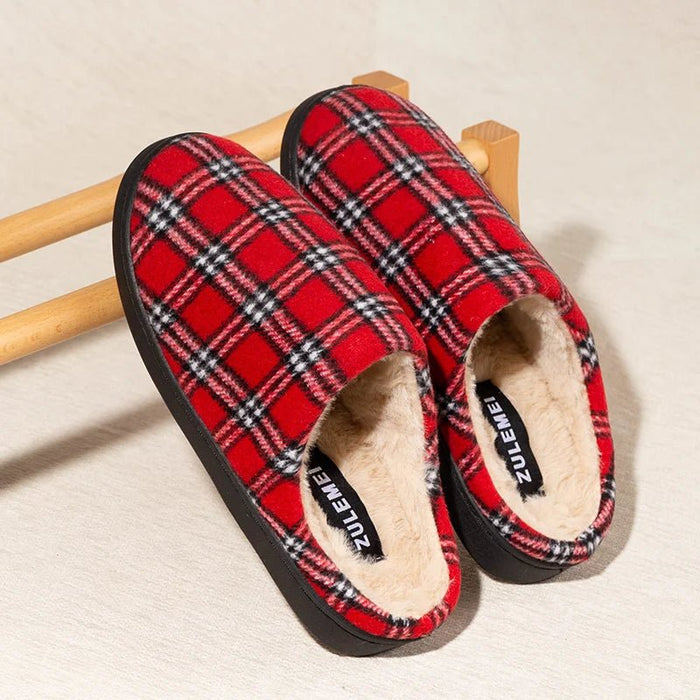 SaneShoppe - New Men's Striped Warm House Fleece Cozy Non - slip Plaid Cotton Mops Couples Slippers Winter Soft Indoor Bedroom Couples Shoes
