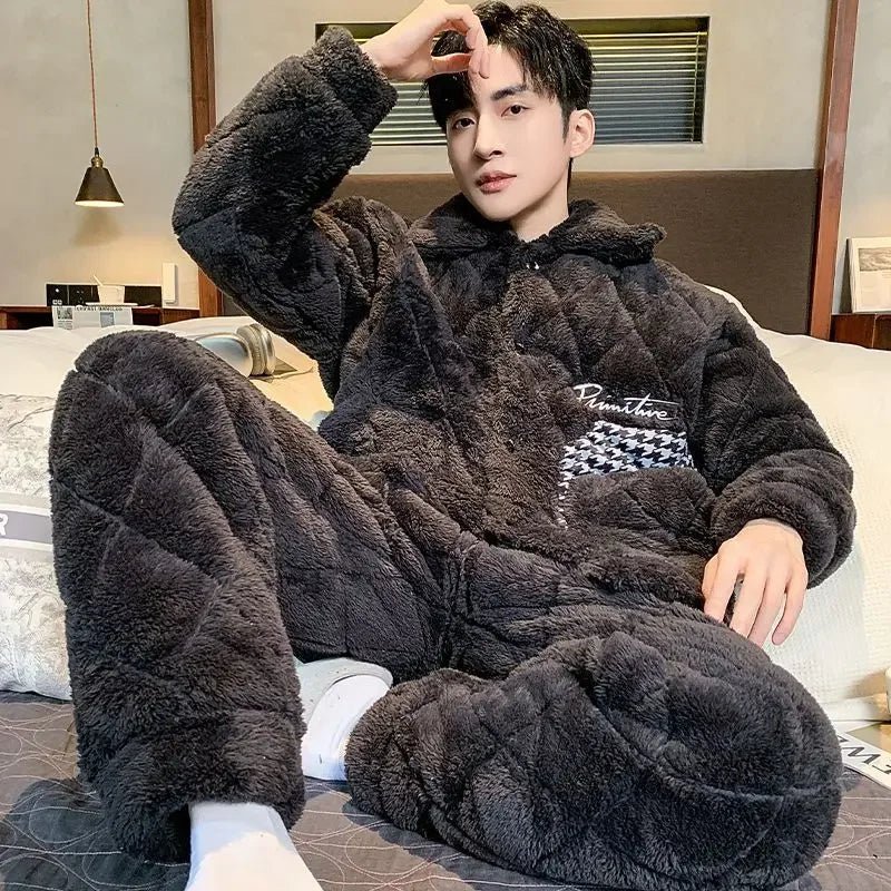 SaneShoppe New Pajamas Men Winter Three - layer Thicken Male Loungewear Fleece Coral Velvet Cotton Warm Sleepwear Boys Home Clothes Sets