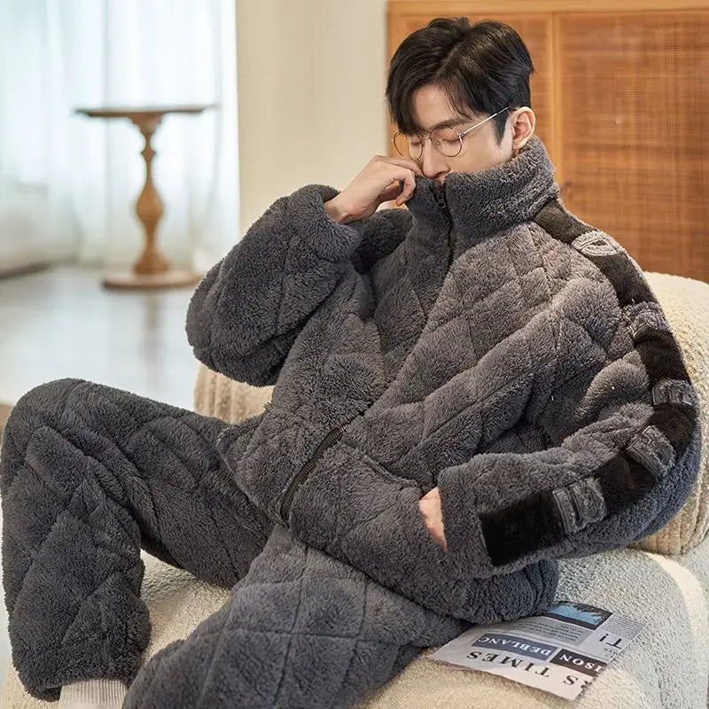SaneShoppe New Pajamas Men Winter Three - layer Thicken Male Loungewear Fleece Coral Velvet Cotton Warm Sleepwear Boys Home Clothes Sets