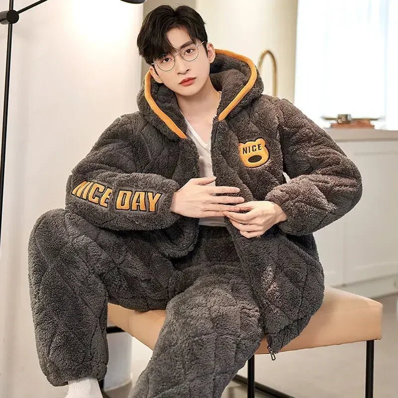 SaneShoppe - New Pajamas Men Winter Three - layer Thicken Male Loungewear Fleece Coral Velvet Cotton Warm Sleepwear Boys Home Clothes Sets