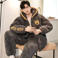 SaneShoppe - New Pajamas Men Winter Three - layer Thicken Male Loungewear Fleece Coral Velvet Cotton Warm Sleepwear Boys Home Clothes Sets