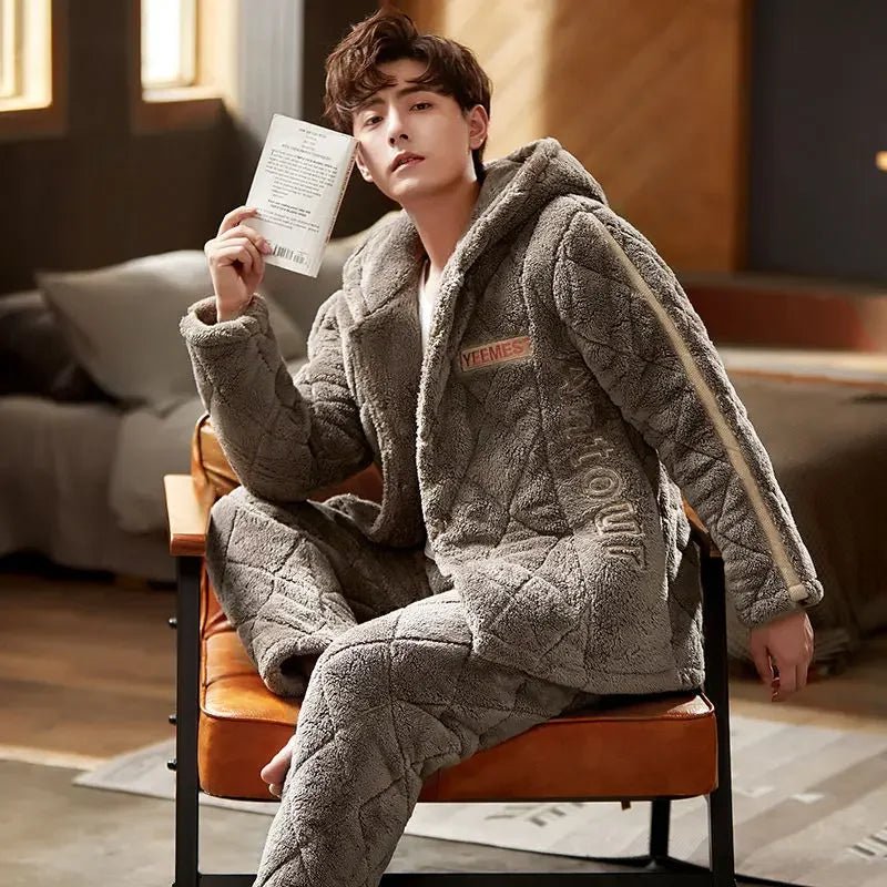 SaneShoppe - New Pajamas Men Winter Three - layer Thicken Male Loungewear Fleece Coral Velvet Cotton Warm Sleepwear Boys Home Clothes Sets