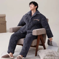 SaneShoppe - New Pajamas Men Winter Three - layer Thicken Male Loungewear Fleece Coral Velvet Cotton Warm Sleepwear Boys Home Clothes Sets
