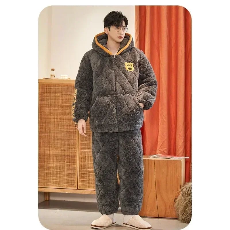SaneShoppe - New Pajamas Men Winter Three - layer Thicken Male Loungewear Fleece Coral Velvet Cotton Warm Sleepwear Boys Home Clothes Sets