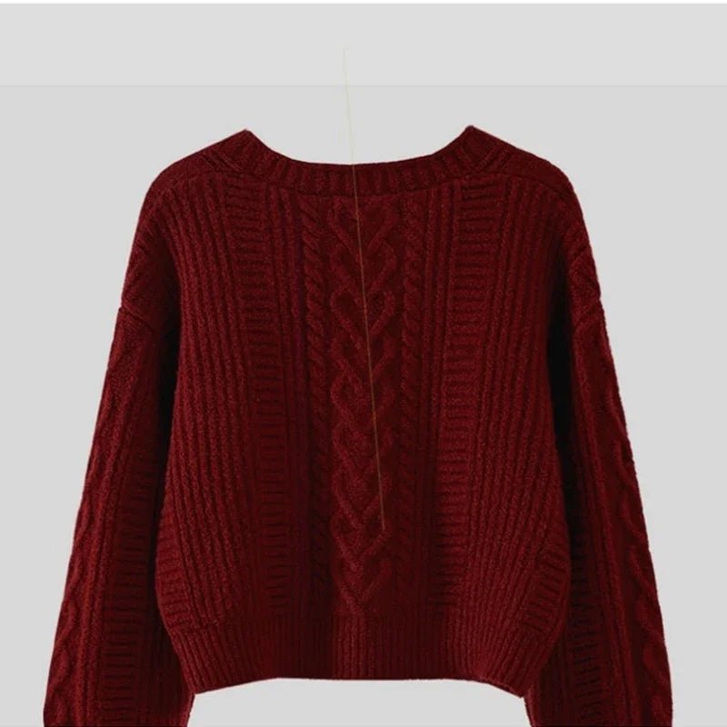 SaneShoppe - New Simple Elegant Office Coat V Neck Twist Cardigan Short Sweater Loose Women Korean Style Retro Jackets Autumn Winter Clothing