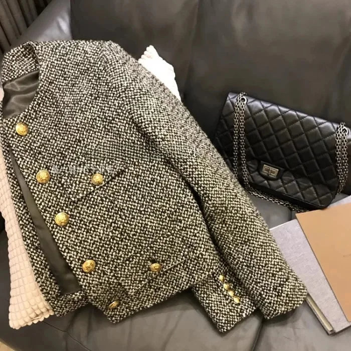 SaneShoppe - New Style French Vintage Tweed Short Coat Women's Single Button Slimming Small Fragrance Style Jacket Crew Neck Regular Type