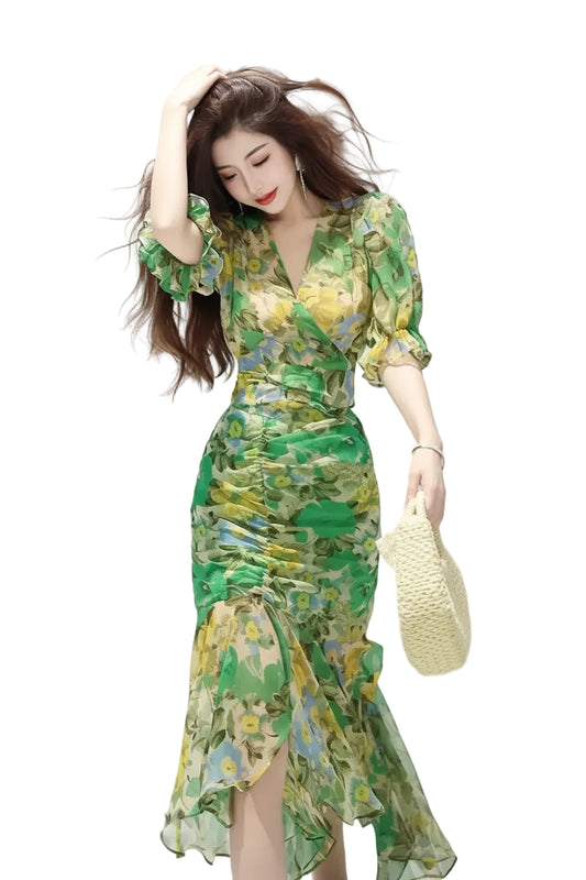 SaneShoppe - New Summer Fashion Style Waist - hugging Dress 2025 Dark Green Printed Skirt