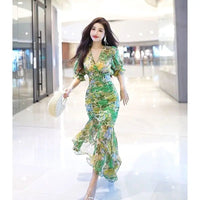 SaneShoppe - New Summer Fashion Style Waist - hugging Dress 2025 Dark Green Printed Skirt