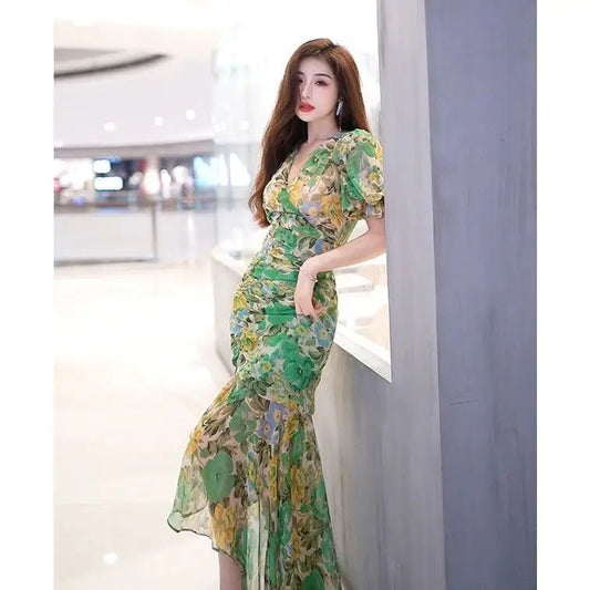 SaneShoppe - New Summer Fashion Style Waist - hugging Dress 2025 Dark Green Printed Skirt