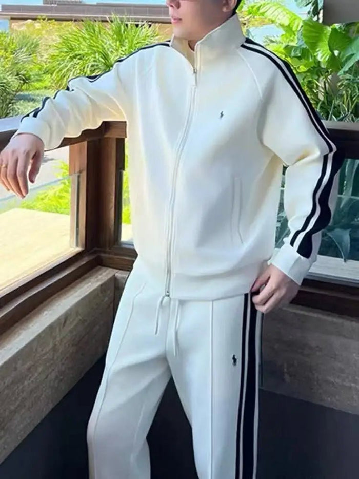 SaneShoppe - New Trendy Stand Up Collar Sports Suit Two - piece Men's Light Luxury Casual Fashion Striped Men's Suit