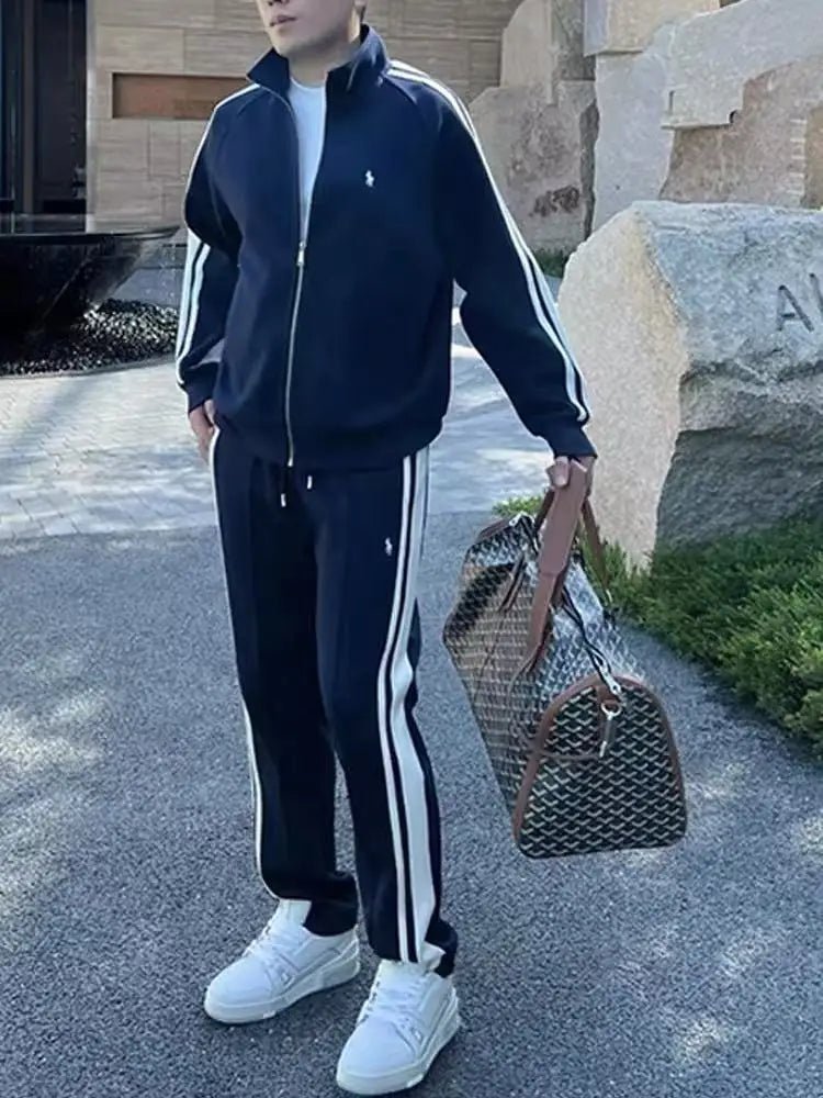 SaneShoppe - New Trendy Stand Up Collar Sports Suit Two - piece Men's Light Luxury Casual Fashion Striped Men's Suit