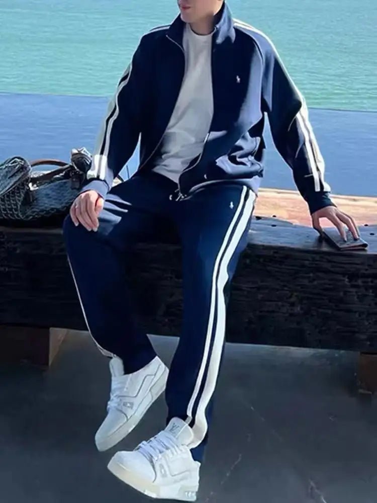 SaneShoppe - New Trendy Stand Up Collar Sports Suit Two - piece Men's Light Luxury Casual Fashion Striped Men's Suit