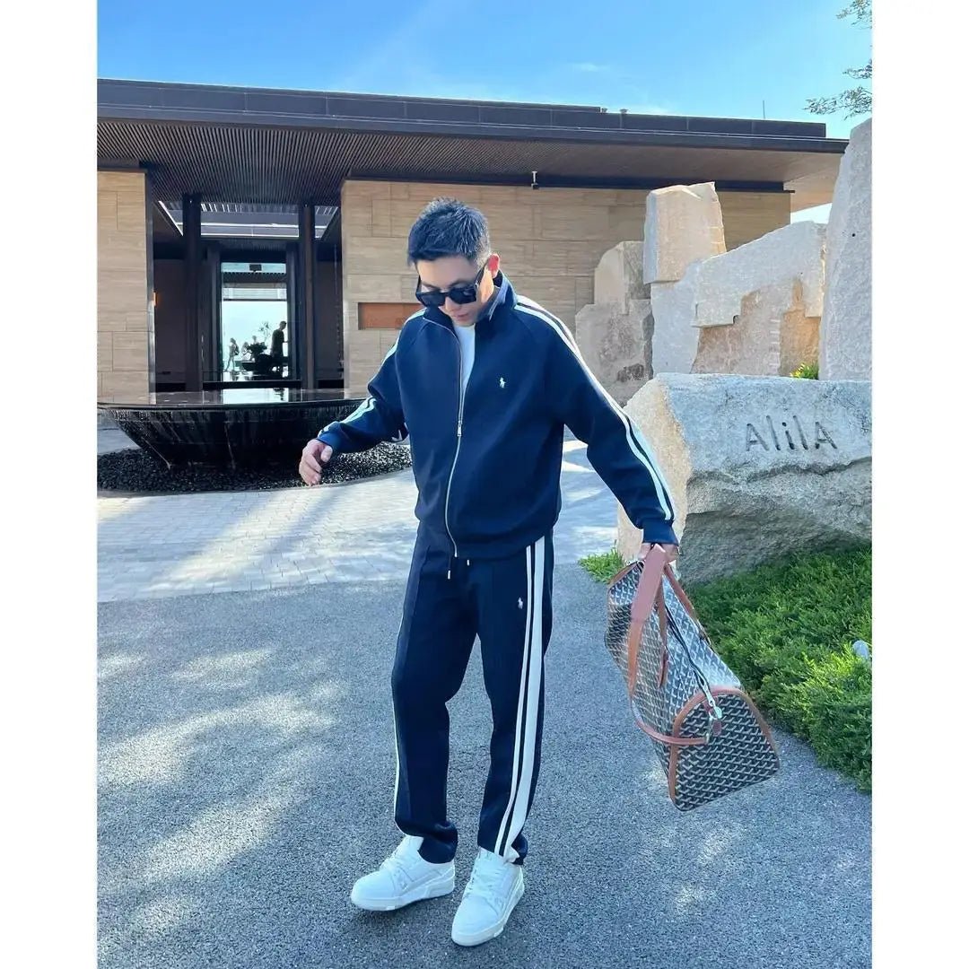 SaneShoppe - New Trendy Stand Up Collar Sports Suit Two - piece Men's Light Luxury Casual Fashion Striped Men's Suit