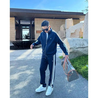 SaneShoppe - New Trendy Stand Up Collar Sports Suit Two - piece Men's Light Luxury Casual Fashion Striped Men's Suit