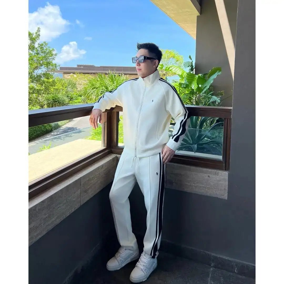 SaneShoppe - New Trendy Stand Up Collar Sports Suit Two - piece Men's Light Luxury Casual Fashion Striped Men's Suit