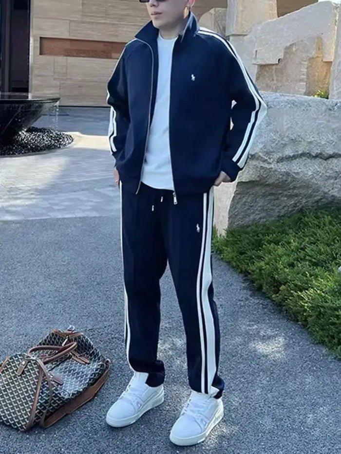 SaneShoppe - New Trendy Stand Up Collar Sports Suit Two - piece Men's Light Luxury Casual Fashion Striped Men's Suit