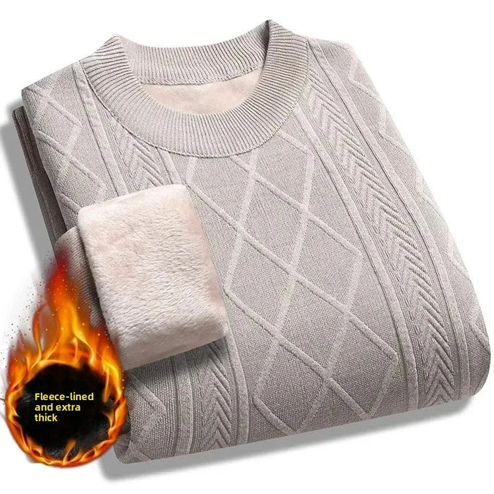 SaneShoppe - New2025 Men's Warm Knitted Jacquard Sweater Tops Autumn Winter Solid Thicker Fleece Knitted Pullover Tops for Men Casual Sweater