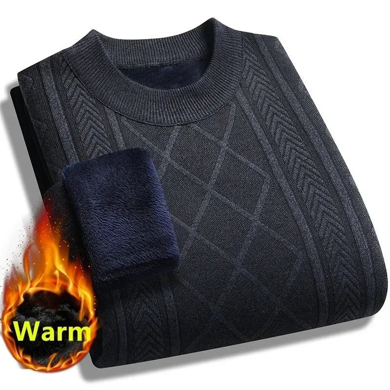SaneShoppe - New2025 Men's Warm Knitted Jacquard Sweater Tops Autumn Winter Solid Thicker Fleece Knitted Pullover Tops for Men Casual Sweater