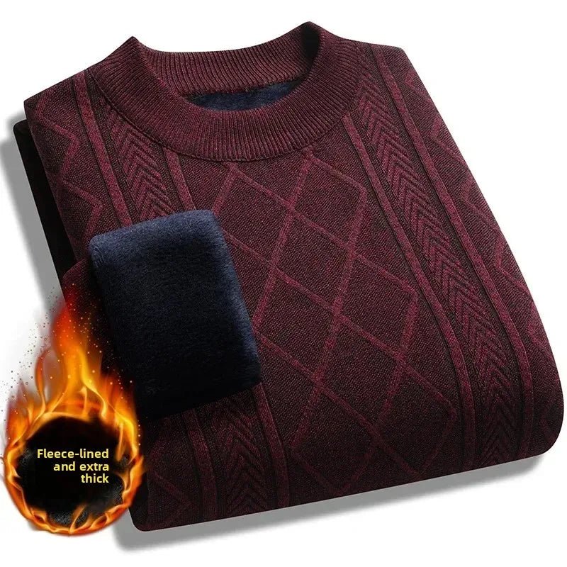 SaneShoppe - New2025 Men's Warm Knitted Jacquard Sweater Tops Autumn Winter Solid Thicker Fleece Knitted Pullover Tops for Men Casual Sweater
