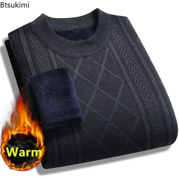 SaneShoppe - New2025 Men's Warm Knitted Jacquard Sweater Tops Autumn Winter Solid Thicker Fleece Knitted Pullover Tops for Men Casual Sweater