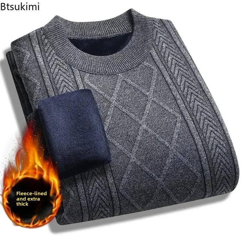 SaneShoppe - New2025 Men's Warm Knitted Jacquard Sweater Tops Autumn Winter Solid Thicker Fleece Knitted Pullover Tops for Men Casual Sweater