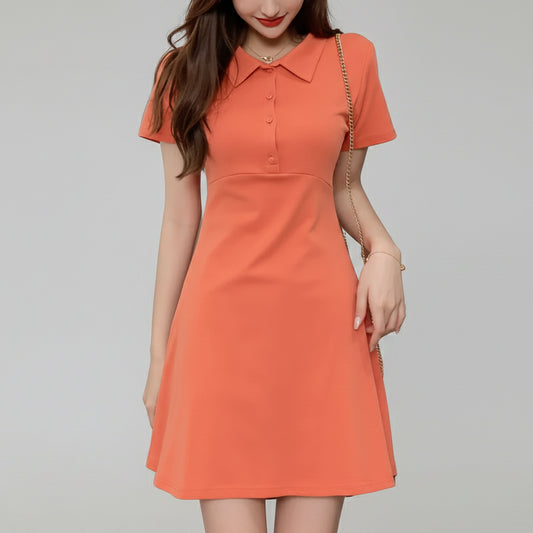 SaneShoppe - Peter Pan Collar Pullover Solid Color Short Sleeve Women's Clothing Summer Head Up Button Casual Sports Vacation Sweet Dresses