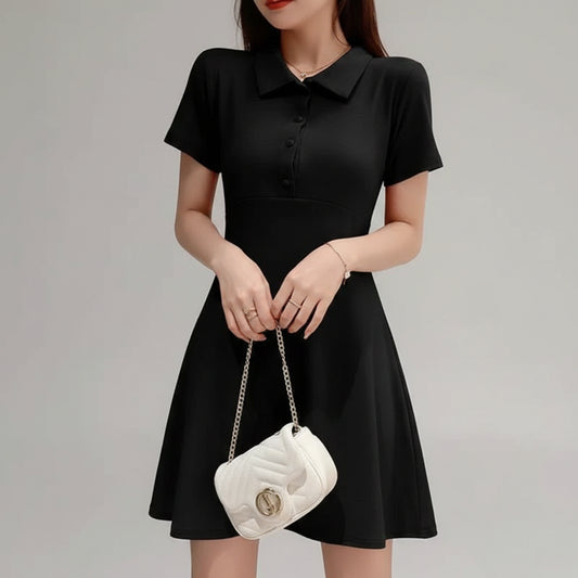 SaneShoppe - Peter Pan Collar Pullover Solid Color Short Sleeve Women's Clothing Summer Head Up Button Casual Sports Vacation Sweet Dresses