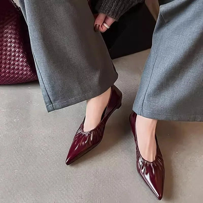 SaneShoppe-Genuine Leather Pleated Pointed Toe Women's Ballet Flats
