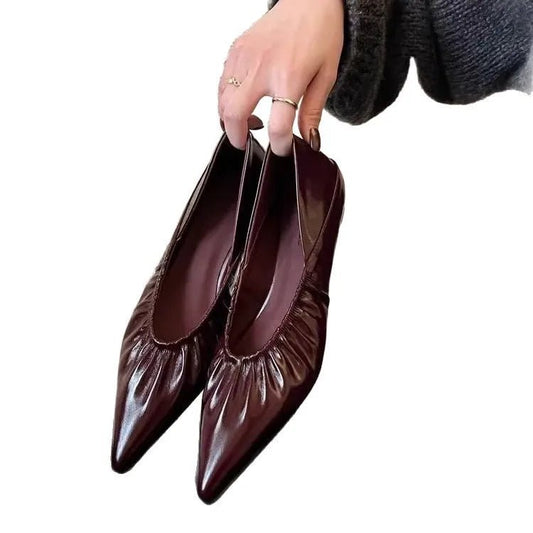 SaneShoppe-Genuine Leather Pleated Pointed Toe Women's Ballet Flats