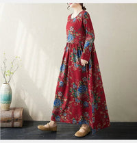 SaneShoppe - Plus Size Bohemian Print Maxi Long Dresses Ready Stock Dress for Women Floral Casual Cotton Linen Loose Vestidos De Mujer Robe