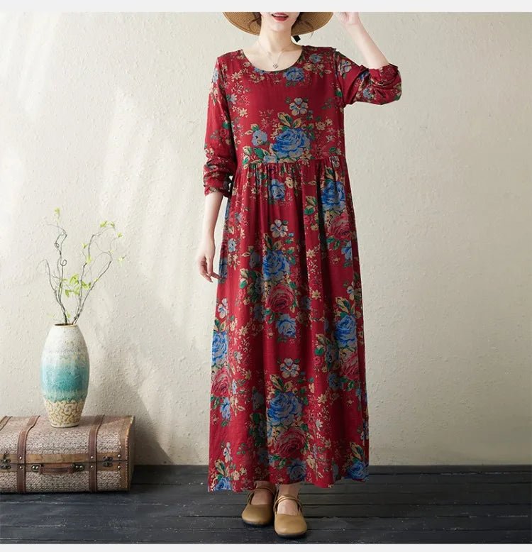 SaneShoppe - Plus Size Bohemian Print Maxi Long Dresses Ready Stock Dress for Women Floral Casual Cotton Linen Loose Vestidos De Mujer Robe