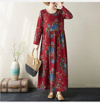 SaneShoppe - Plus Size Bohemian Print Maxi Long Dresses Ready Stock Dress for Women Floral Casual Cotton Linen Loose Vestidos De Mujer Robe