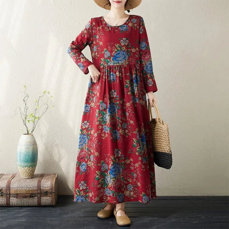 SaneShoppe - Plus Size Bohemian Print Maxi Long Dresses Ready Stock Dress for Women Floral Casual Cotton Linen Loose Vestidos De Mujer Robe