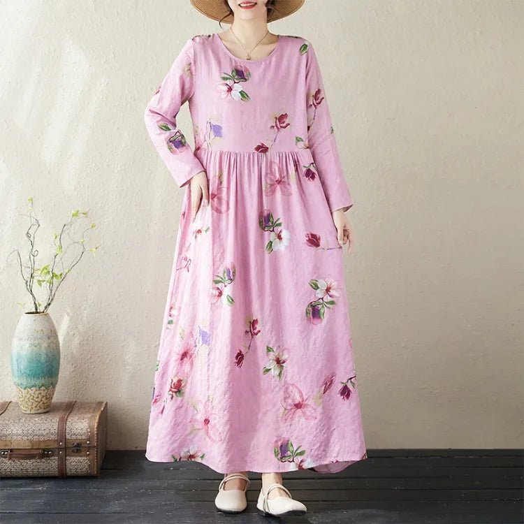 SaneShoppe - Plus Size Bohemian Print Maxi Long Dresses Ready Stock Dress for Women Floral Casual Cotton Linen Loose Vestidos De Mujer Robe