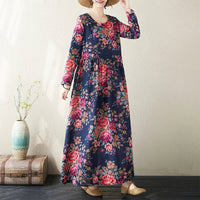 SaneShoppe - Plus Size Bohemian Print Maxi Long Dresses Ready Stock Dress for Women Floral Casual Cotton Linen Loose Vestidos De Mujer Robe