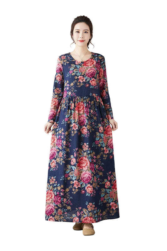 SaneShoppe-Boho Floral Print Maxi Dress for Women, Plus Size, Cotton Linen Loose Fit