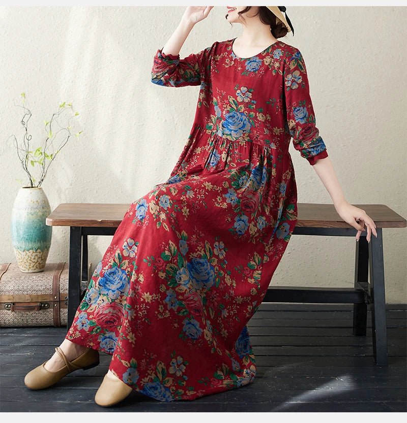 SaneShoppe - Plus Size Bohemian Print Maxi Long Dresses Ready Stock Dress for Women Floral Casual Cotton Linen Loose Vestidos De Mujer Robe