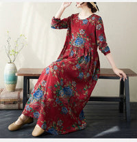 SaneShoppe - Plus Size Bohemian Print Maxi Long Dresses Ready Stock Dress for Women Floral Casual Cotton Linen Loose Vestidos De Mujer Robe