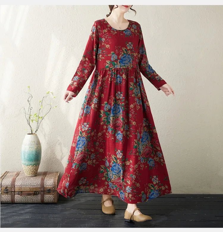 SaneShoppe - Plus Size Bohemian Print Maxi Long Dresses Ready Stock Dress for Women Floral Casual Cotton Linen Loose Vestidos De Mujer Robe