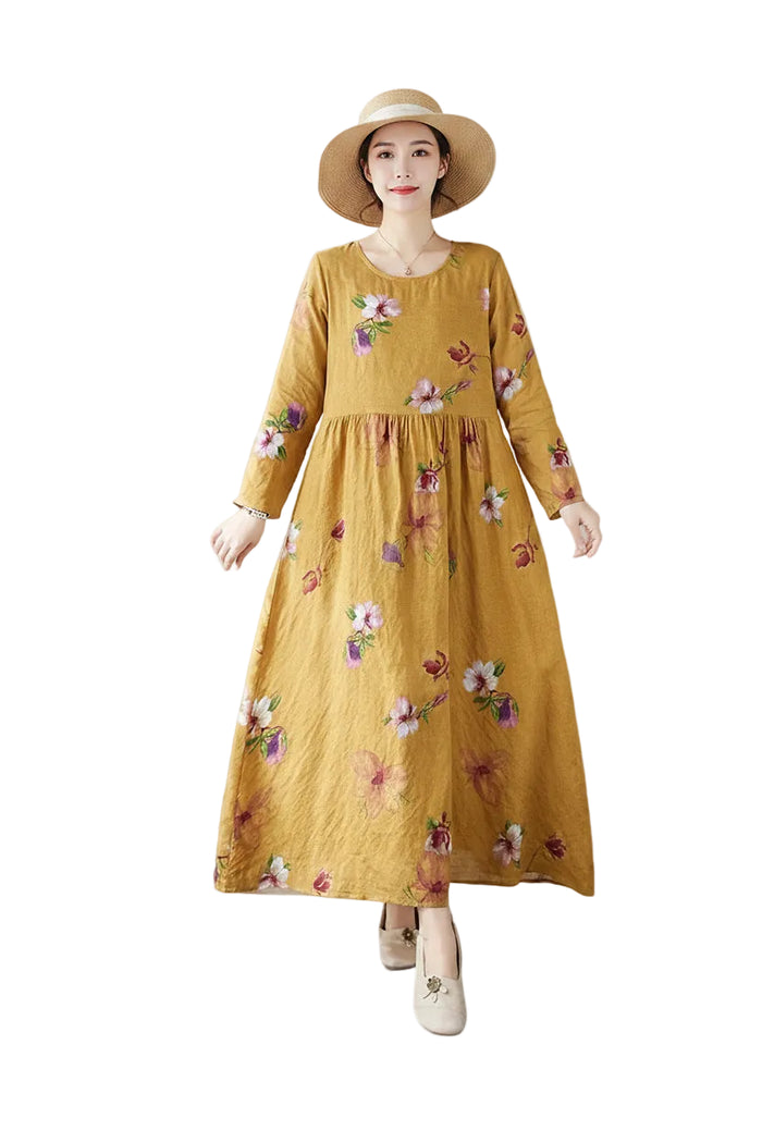 SaneShoppe-Boho Floral Print Maxi Dress for Women, Plus Size, Cotton Linen Loose Fit