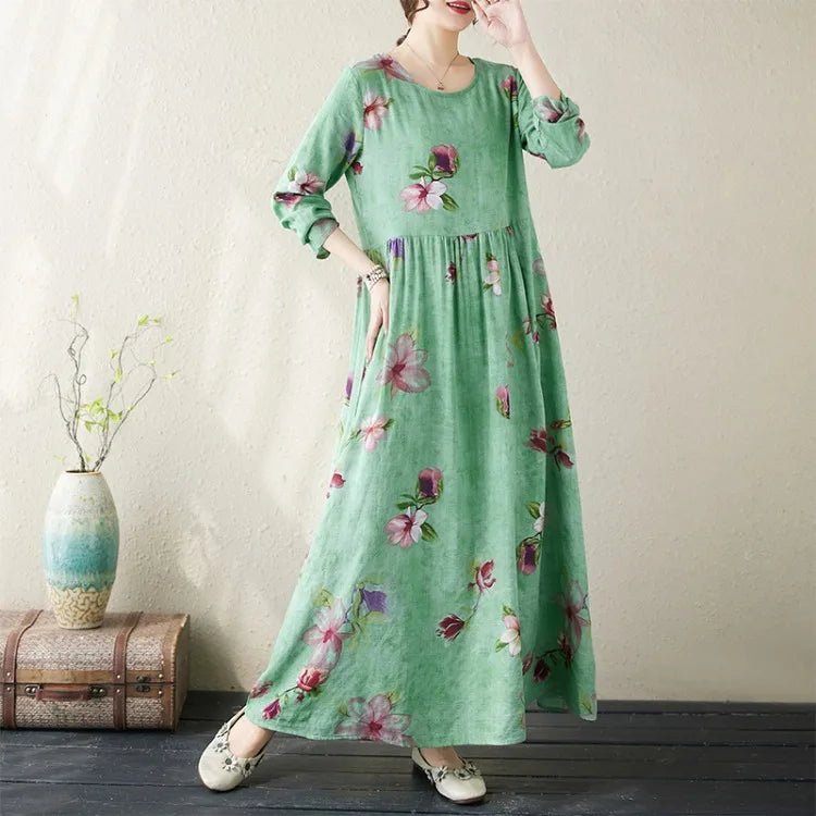 SaneShoppe - Plus Size Bohemian Print Maxi Long Dresses Ready Stock Dress for Women Floral Casual Cotton Linen Loose Vestidos De Mujer Robe