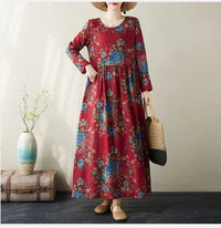 SaneShoppe - Plus Size Bohemian Print Maxi Long Dresses Ready Stock Dress for Women Floral Casual Cotton Linen Loose Vestidos De Mujer Robe