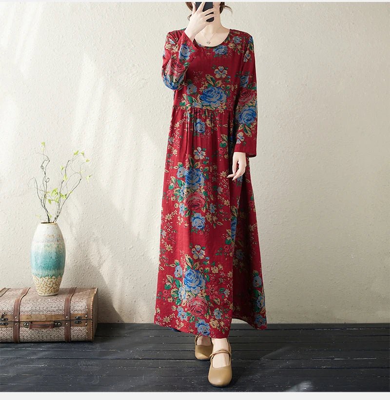 SaneShoppe - Plus Size Bohemian Print Maxi Long Dresses Ready Stock Dress for Women Floral Casual Cotton Linen Loose Vestidos De Mujer Robe