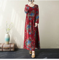 SaneShoppe - Plus Size Bohemian Print Maxi Long Dresses Ready Stock Dress for Women Floral Casual Cotton Linen Loose Vestidos De Mujer Robe