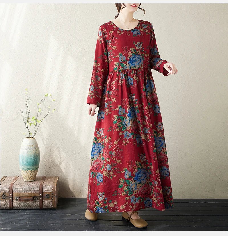 SaneShoppe - Plus Size Bohemian Print Maxi Long Dresses Ready Stock Dress for Women Floral Casual Cotton Linen Loose Vestidos De Mujer Robe