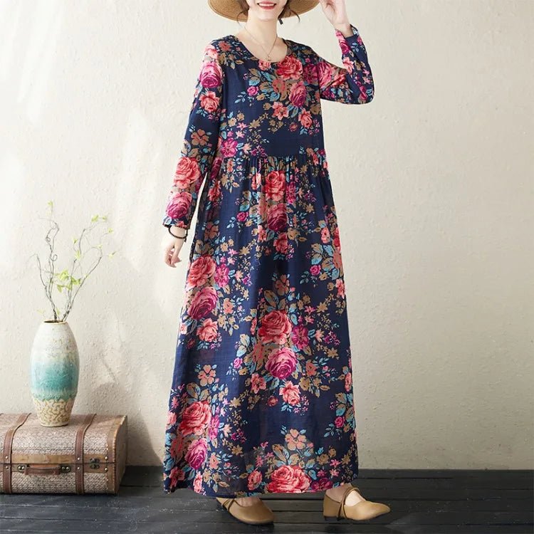 SaneShoppe - Plus Size Bohemian Print Maxi Long Dresses Ready Stock Dress for Women Floral Casual Cotton Linen Loose Vestidos De Mujer Robe
