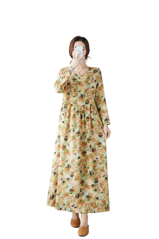 SaneShoppe-Boho Floral Print Maxi Dress for Women, Plus Size, Cotton Linen Loose Fit
