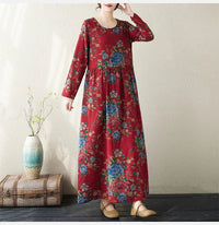 SaneShoppe - Plus Size Bohemian Print Maxi Long Dresses Ready Stock Dress for Women Floral Casual Cotton Linen Loose Vestidos De Mujer Robe