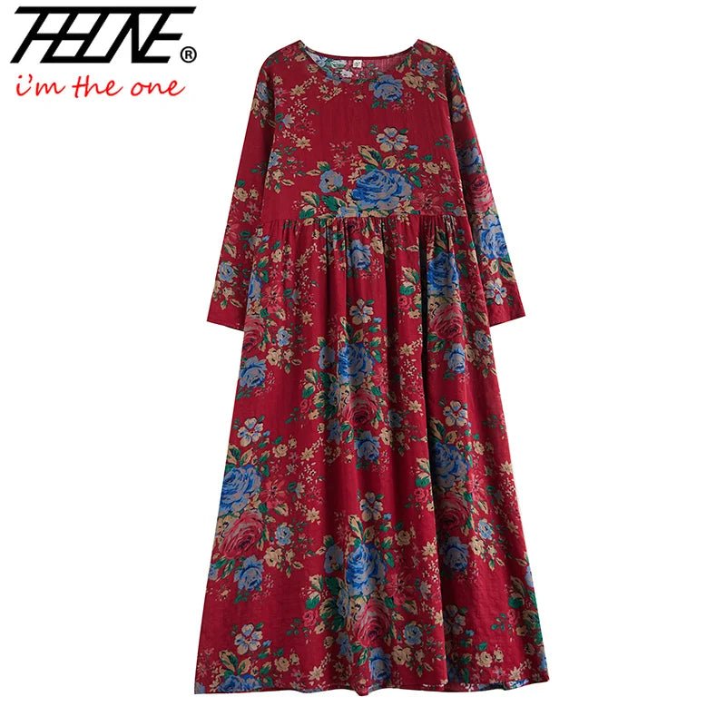 SaneShoppe - Plus Size Bohemian Print Maxi Long Dresses Ready Stock Dress for Women Floral Casual Cotton Linen Loose Vestidos De Mujer Robe